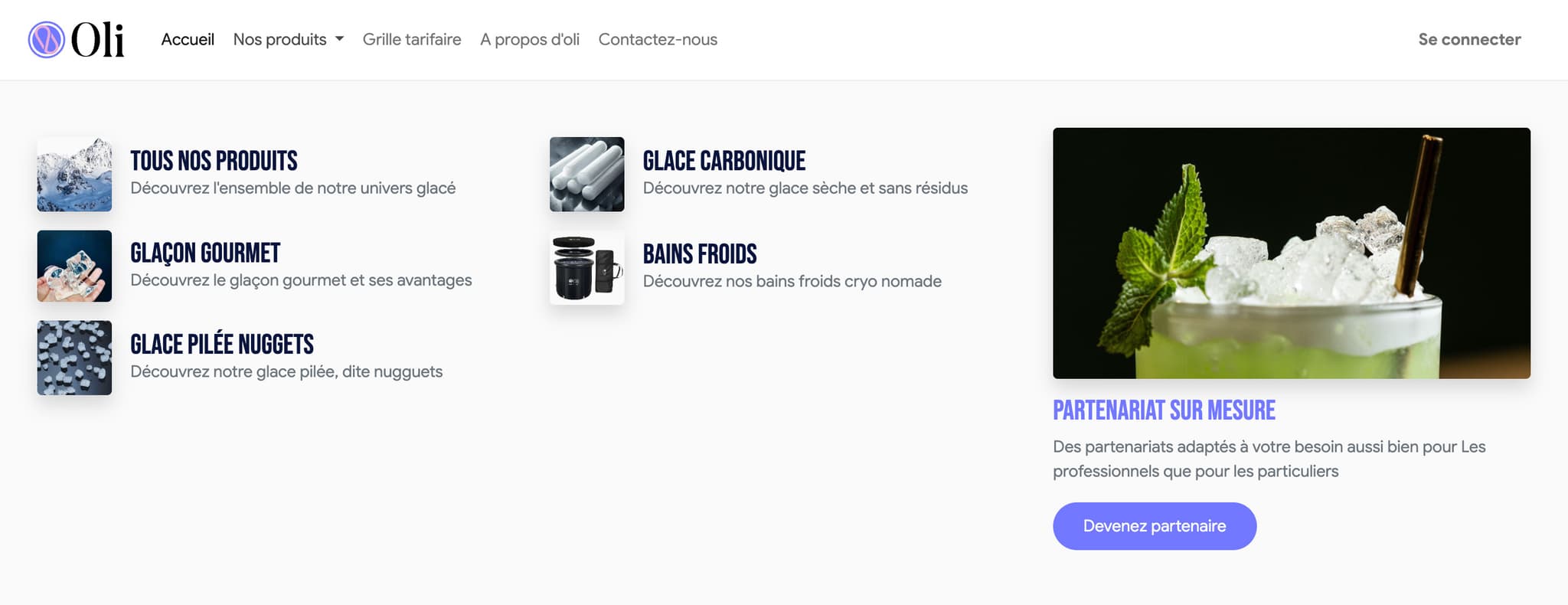 Menu produits illustré du site Oli Glaçon