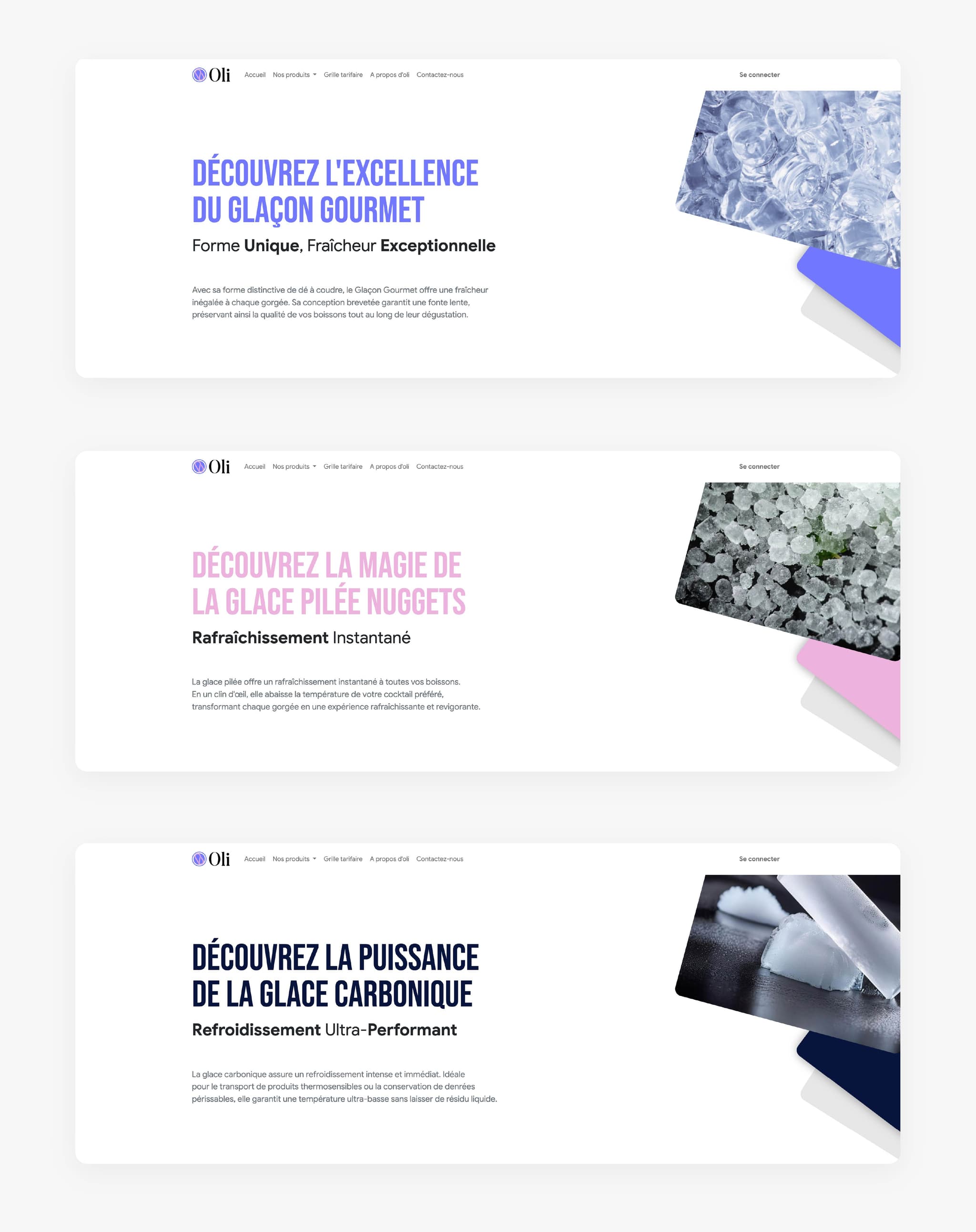En-têtes des pages produits Oli Glaçon